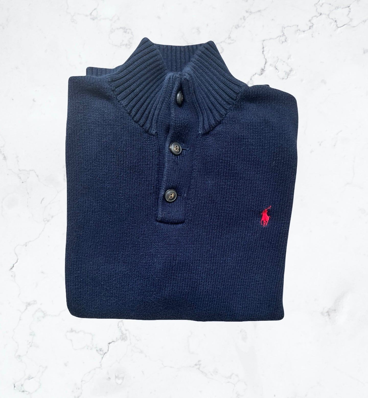 Pull Ralph Lauren Marine - Col Boutonné & Logo Rouge