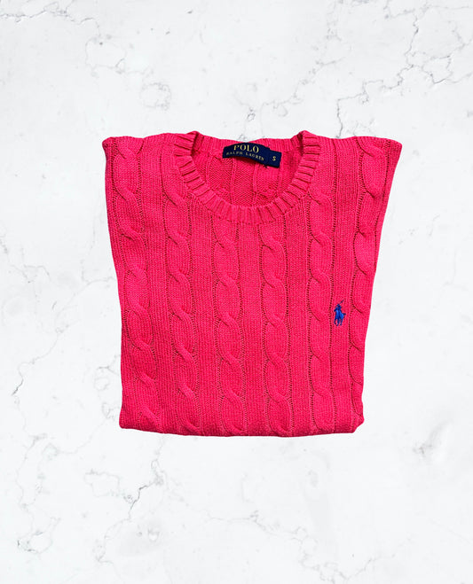 Pull Ralph Lauren Rose – Maille Torsadée & Logo Bleu