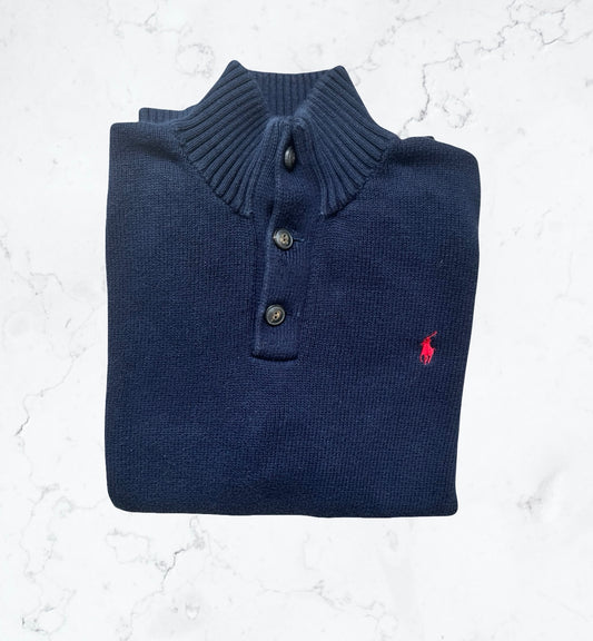 Pull Ralph Lauren Marine - Col Boutonné & Logo Rouge